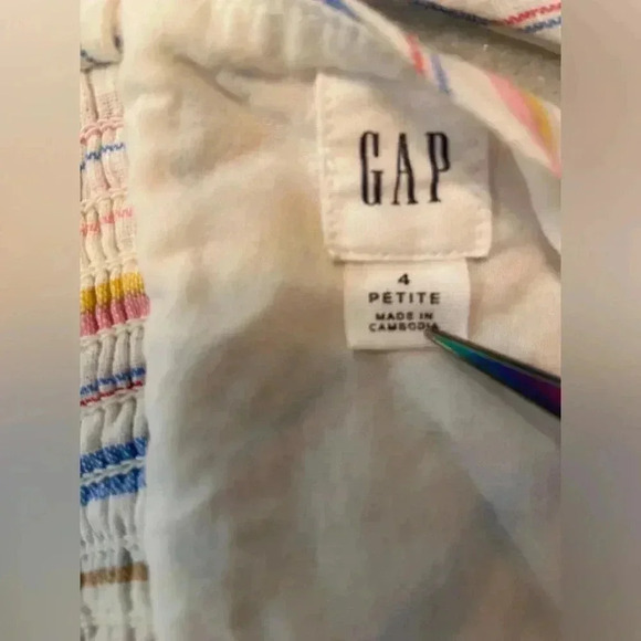 Gap Linen Cotton Striped Ruched Front Smock Back Belted Dress Size 4P - Picture 9 of 10